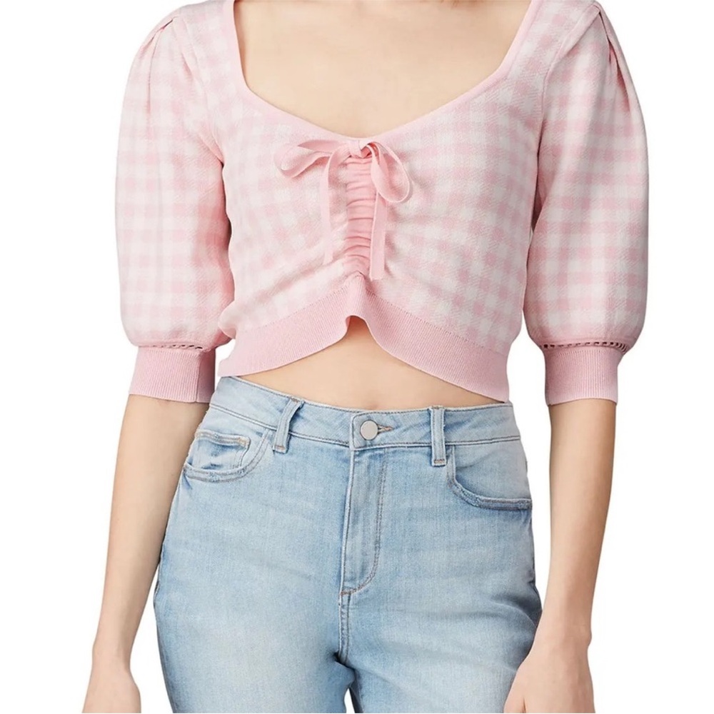 Astr Pink Checkered Puff Sleeve Crop Top XS